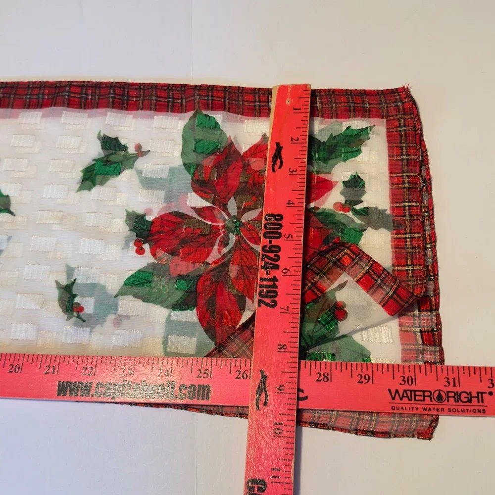 Poinsettia Holly Scarf White Red Plaid Festive Christmas Vintage OS Holiday 61x9